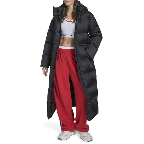 Champion Womens Cinch Waist Long Hooded Puffer Black Medium