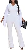 sexycherry White Jumpsuit for Women Dressy Formal Elegant V Neck Cloak Long Chiffon Sleeve Flared Long Pants Rompers with Zipper