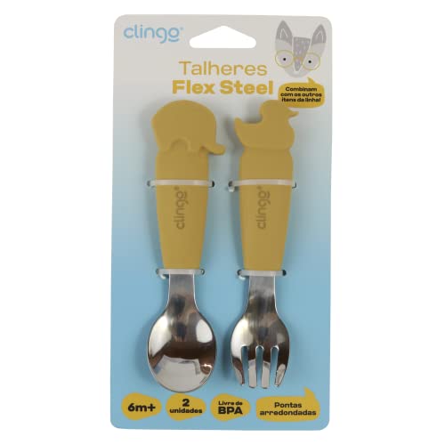 Clingo Kit Garfo E Colher Metal E Silicone Mostarda