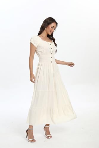 Image of Women's Boho Floral Maxi Dress, Short Sleeve Smocked Tiered Summer Casual Beach Dress