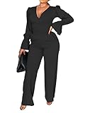 Two Piece Outfits for Women Fall Winter Lounge Sets - Women Long Bell Sleeve Elegant Solid V Neck Wrap Tie Waist Crop Top Wide Leg Long Pants Suit Set with Pockets Business Office Church Black, M