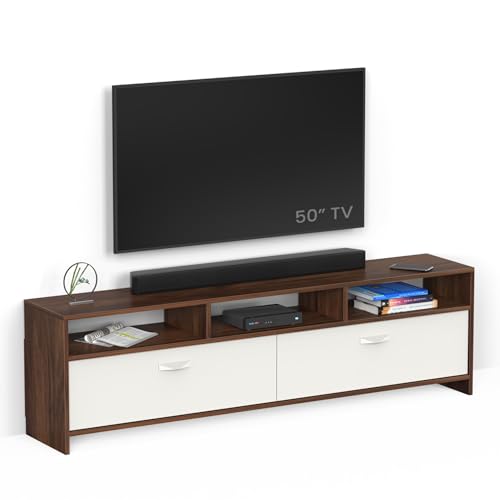 Image of BLUEWUD Mannsae Engineered Wood Floor TV Cabinet /Entertainment Unit /Set Top Box Stand /TV Table Panel with Shelves for Books & Decor Display Unit Living Room Upto 65 Inches - DIY (Brown Maple & White)