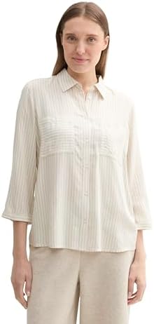 TOM TAILOR Damen Longstyle Bluse mit Streifen & Brusttasche,35911 - beige White Thin Stripe, 46