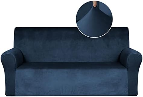 Pretty Jolly Velvet Sofa Cover Super Soft 1-piece Navy Blue Sofa Slipcover for sofas Stretch Universal Spandex Couch Cover for Living Room Easy Fit Washable Duration Furniture Sofa Protector for Pets