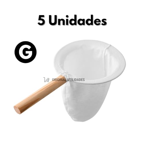 Kit 5 Filtro Coador De Pano Cabo de Madeira Tamanho G Para Café Chá