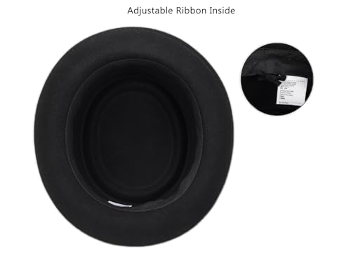 Damen-Glockenhut aus reinem Wollfilz, aufrollbare Krempe, Fedora, Porkpie, Fliege, edler Derby-Hut, Größe S/M, Schwarzes Design2, M