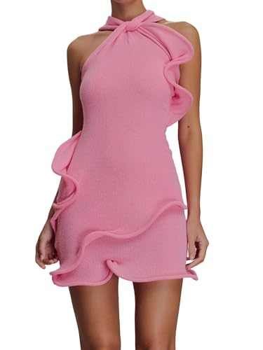 LSFYSZD Women Long Sleeve Knit Sweater Mini Dress Ruffle Hem Body...