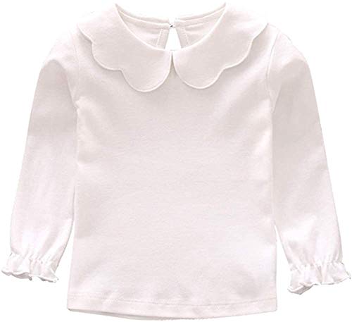 Baby Girl Boy Kids Blouses Long Sleeves Solid Color Doll Collar T-Shirt Top Botton (White, 5-6T)