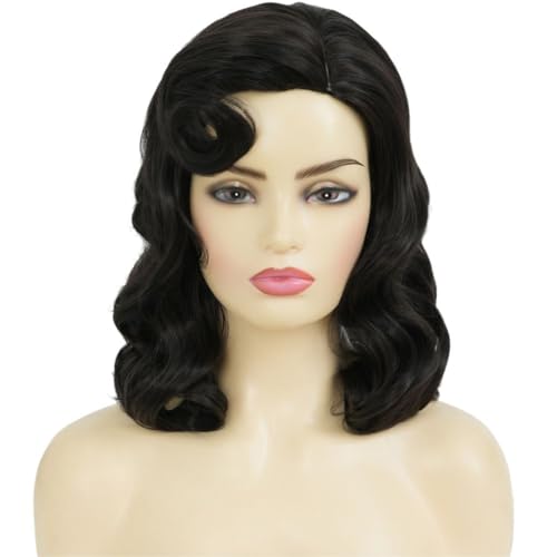 Image of Swiking Black Curly Vintage Wig for Women 1950s Hollywood Big Wave Wig Retro Victory Rolls Synthetic Wig for Halloween Cosplay Daily Wear