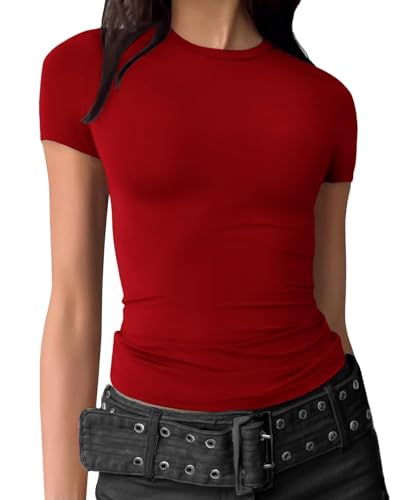 Women Summer Tops Going Out Workout Slim Fit T Shirt Basic Casual Dressy Tshirt Fashion Trendy Tee Y2k Top Red
