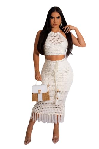 Image of Women Plus Two-Piece Skirt Set Tassel Fishing Net Knittin Hollow Out Off Shoulder Beach Dresses Swimsuit Cover Ups