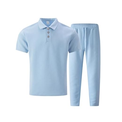 Men's Tracksuits 2 Pieces Short Sleeve Polo Shirt & Trouser Set Fashion Casual Loungewear Sets Summer Outfits Lounge Lapel Activewear Sweatsuits Sport Athletic Running Joggers Golf Suit, Blue, M