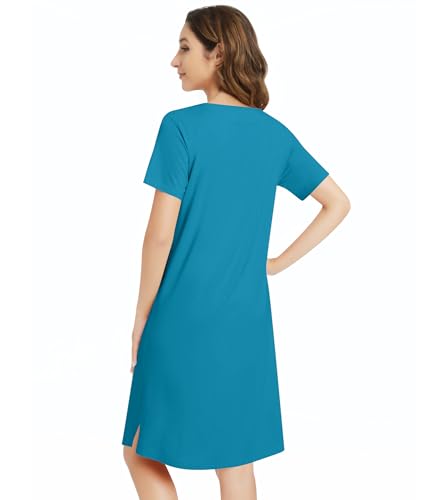 Image of NACHILA Nightgowns for Women-Viscose Made from Bamboo,Short Sleeve Nightshirts V Neck Sleep Shirt Loose Sleep Dress