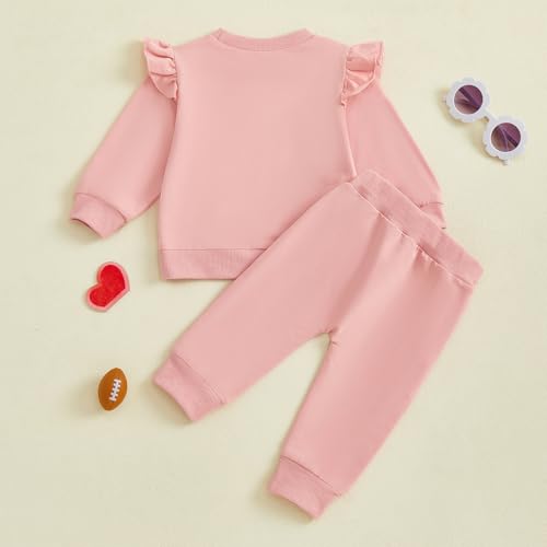 Toddler Baby Girl Fall Outfit Cute Pink Ruffle Sleeve Baby Pants Set with ​Football Huddles & Cuddles Print4