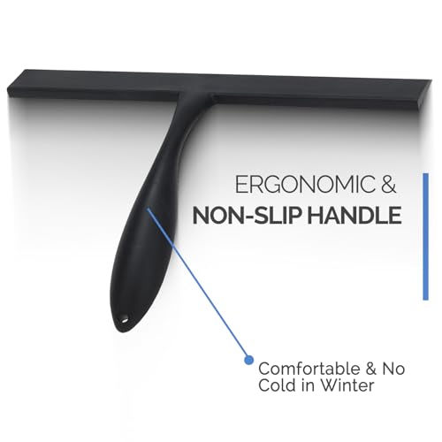 Image of FY&XZH Never Rust Silicone Shower Squeegee for Glass Doors with Hook, Bathroom Cleaner Tool, Household Window and Mirror Squeegee, Ergonomic Thick Handle Squeegee for Shower Glass, 11-Inch (Black)