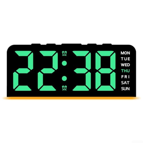 Reloj despertador digital LED con repetición, visualización de fecha e iluminación ambiental con brillo ajustable para adaptarse a varios ajustes y preferencias de habitación (carcasa negra verde)