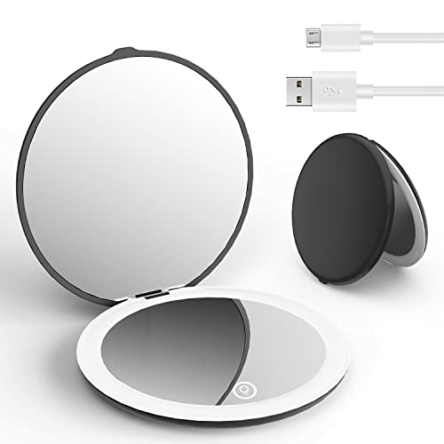 Luckme Lighted Compact Mirror, Compact Mirror With Light,1X/5X Magnification Lighted Travel Makeup Mirror, Upgraded 4 Inch Brightness Adjustable Folding Pocket Mirror For Handbag, Pocket, Black #TOP5