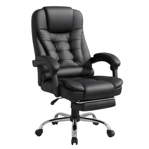 Cadeira Executiva Presidente Ergonômica, Couro Sintético, Reclinável 150°, com Apoio de Pés Retrátil e Suporte Lombar, Preta