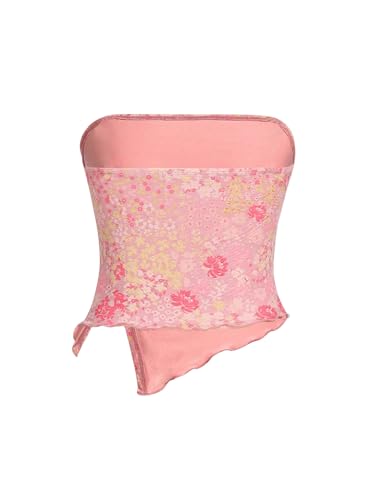 Milumia Girl's Floral Strapless Mesh Tube Tops Lettuce Trim Ruched Slit Bandeau Tops2