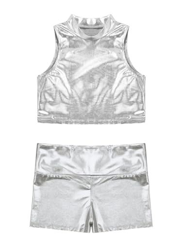 Kaerm Kids Girls Shiny Metallic Dance Gymnastics Workout Outfits Mock Neck Tank Top and High Waist Shorts Bottoms Set3