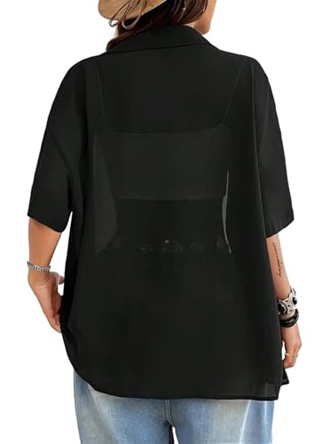Avanova Women See Through Mesh Button Down Top Half Sleeve Collared Shirt Blouse2