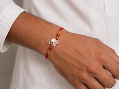 Image of OZANA Elephant Charm Bhai Bhabhi Rakhi Set | Premium Designer Rakhi with Pearl & Red Thread | Crystal Elephant Raksha Bandhan for Brother & Bhabhi | Traditional Handmade Gift Se