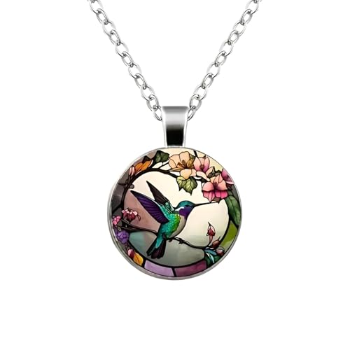 Vintage Hummingbird Floral Pattern Round Necklace Time Gem Glass Alloy Fashion Pendant For Women Retro Style Elegant Jewelry Accessory - Christmas or Birthday Gift