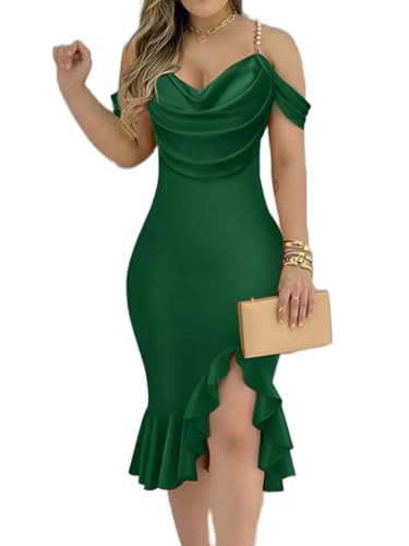 Image of CHICME Womens Sexy Bodycon Party Dress Off The Shoulder Pearls Strap Midi Dress Ruffle Hem Cocktail Dresses