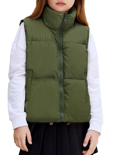 Arshiner Girl's Winter Vest Lightweight Sleeveless Warm Outerwear Puffer Vest Padded Gilet Army Green Size 5-6