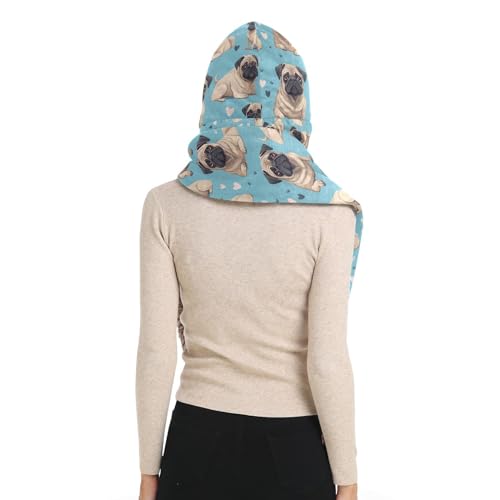 Winter Hooded Scarf for Women Blue Pug Dog Hoodie Hat Scarf Gloves Set Fashion Warm Long Scarf Shawl Wraps With Pocket Soft Headscarf Neckwarmer Hoodie Hat3