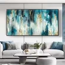 Tableau abstrait moderne grand format, toile texturée bleue et or 55 x 110 cm décoration
