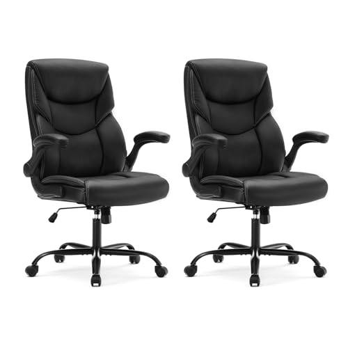 DUMOS Office Chair Set of 2 - Ergonomic Executive Computer Desk Chairs with Adjustable Flip-up Armrest, Swivel Task Chair with Lumbar Support, Strong Metal Base, PU Leather, Black