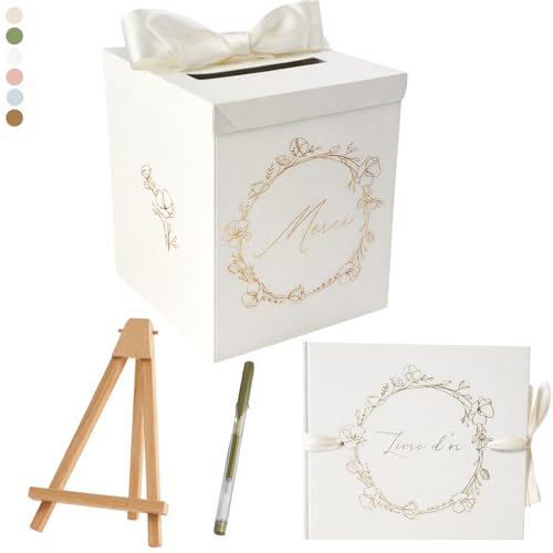 Un Jour En Or - Pack Signature Ivoire et Or : 4 éléments (Urne Merci, Livre d’or, Stylo encre doré, Chevalet en bois) pour mariage, baptême,...