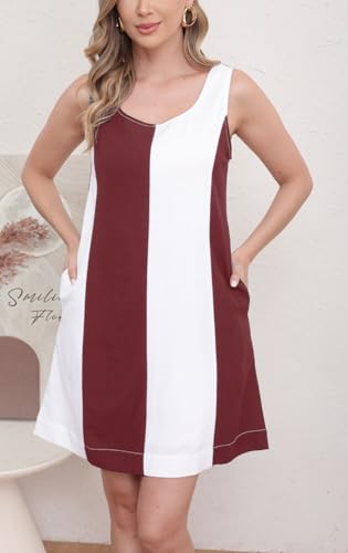 Image of CHARTOU Women Summer Sleeveless Linen Dress Color Block Short Beach Vacation Tank Dress