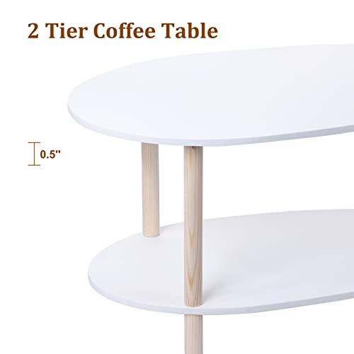 Oval Coffee Table, Small Wood Coffee Table for Living Room, Mid Century Modern Coffee Table for Home Office, 2-Tier Sofa Table, White, 15.7\'\' D x 31.5\" W x 17.2\" H