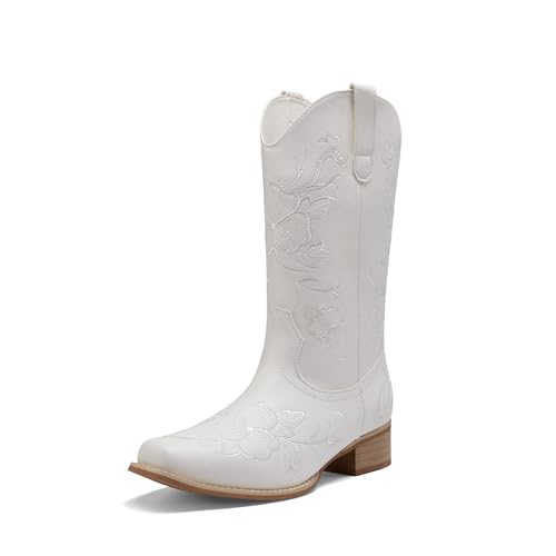 DREAM PAIRS Women's Western Cowboy Boots Square Toe Embroidered Mid Calf Boots Western Chunky Low Heel for Country Music Festivals Theme Party and Concert 7 White