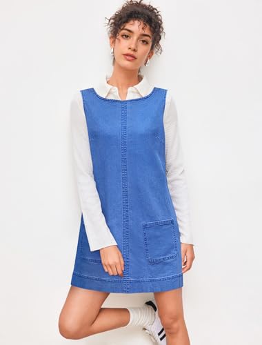 Womens Sleeveless Casual Denim Dress - Summer Crewneck Vintage Loose Jean Romper Overall Dress with Pockets2