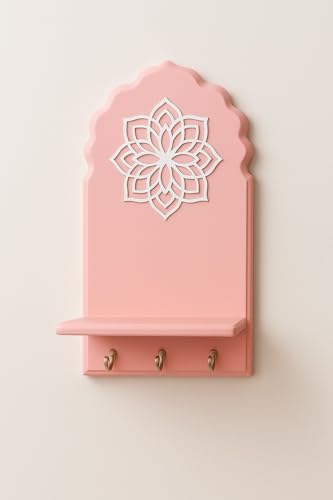 Image of Globally Indian Engineered Wood Keys Holder for Wall with Shelf, Mandala Design Key Stand Organizer for Home Entrance |Decorative Key Hanger for Wall, Entryway, Living Room |Floating Wall Shelf (Pink)
