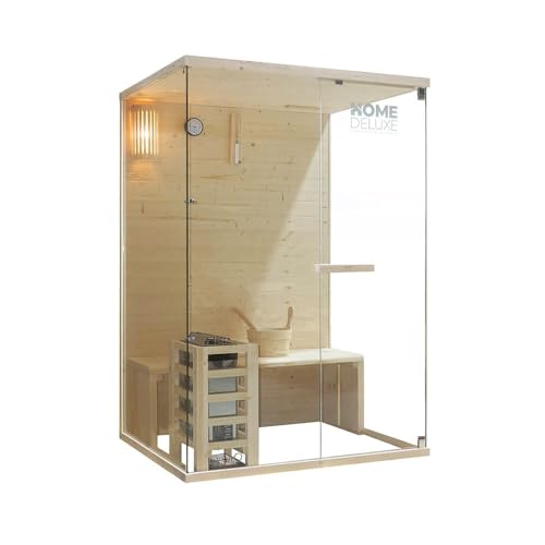 Home Deluxe - Traditionelle Sauna ARUNA M - Maße: ca. 130 cm × 110 cm × 190 cm, Holz: Fichtenholz, 8 mm klares Sicherheitsglas - inkl. Saunaofen und Saunazubehör