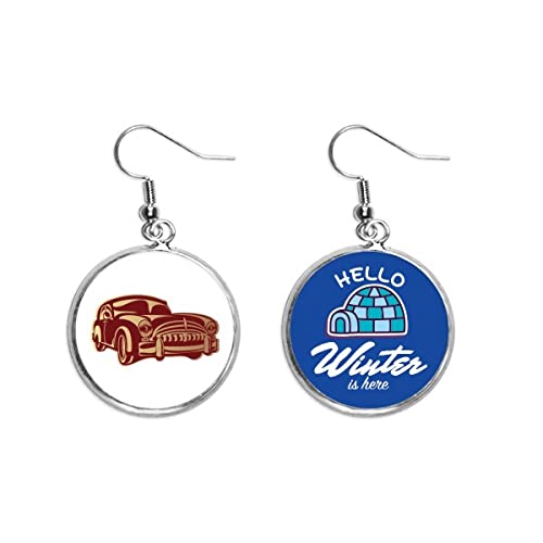 Pendientes de gota con silueta de coches clásicos en rojo oscuro y estilo de hielo invernal