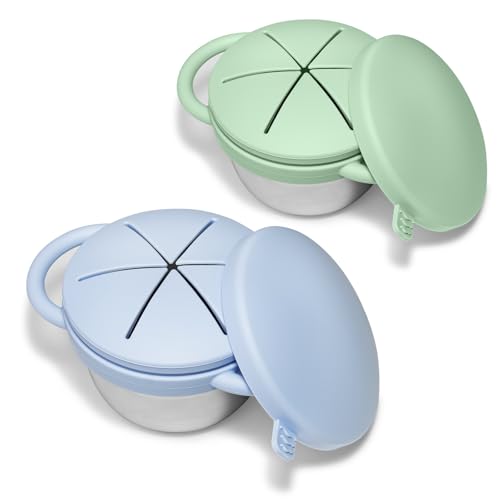 Image of JVEOO 2 Pack Toddler Snack Cups, Baby Stainless Steel Snack Containers for Kids with Spill Proof Food Grade Silicone Lids & Handles 9 OZ No Spill Baby Snack Box for Mess-Free Snacking