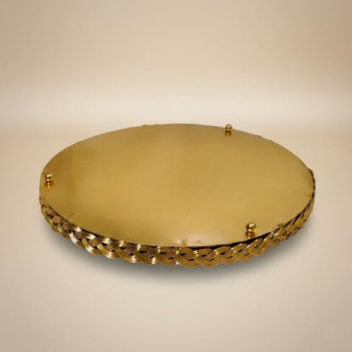 Image of Luxury Gold Round Decorative Serving Tray - 12-Inch Ornate Braided Metal Vanity Tray with Mirror-Finish for Coffee Table, Ottoman, Home Decor - Ideal for Afternoon Tea, Jewelry, or Dessert Display