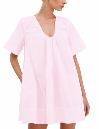 Image of Women Summer Sleeveless Babydoll Mini Dress Scoop Neck Loose Fit Tank Dresses Party Ruched Short Dress with Pockets