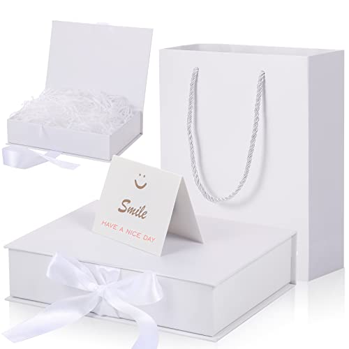 Luxury Present Box with Lids and Changeable Ribbon, Paper Bags, a Greeting Card and Tissue Paper Luxury Packaging Box Set for Girlfriend, Mom, Grandma, Lady (White)