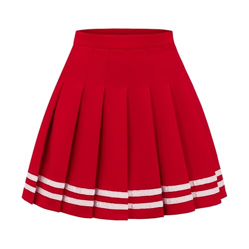 DRESS NICES Women Pleated Skirt A-Line Short Mini Basic Skirt School Uniform Cheerleader Skirts Skater Skirt red White Strip M
