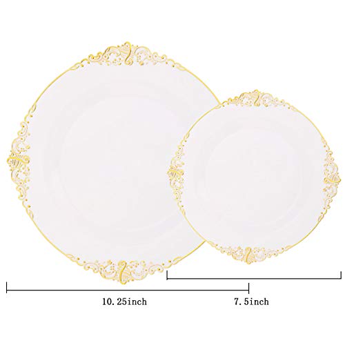 Liacere 60 Pack Gold Plastic Plates - White And Gold Disposable Plates Include 30Pcs 10.25Inch Gold Dinner Plates, 30Pcs 7.5Inch Gold Dessert Plates For Party & Wedding #TOP6