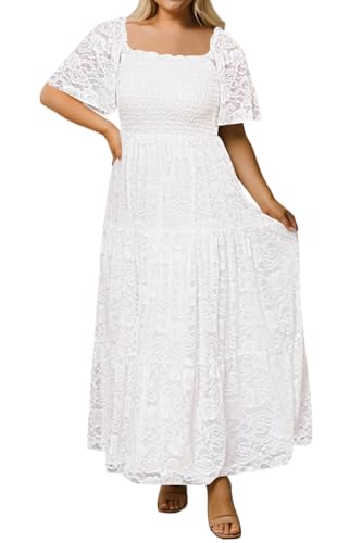Brautkleid in Übergröße, Boho-Stil, Spitze, formell, quadratischer Ausschnitt, Rüschenärmel, langes Kleid für kurvige Frauen, Weiss/opulenter Garten, 50 Mehr