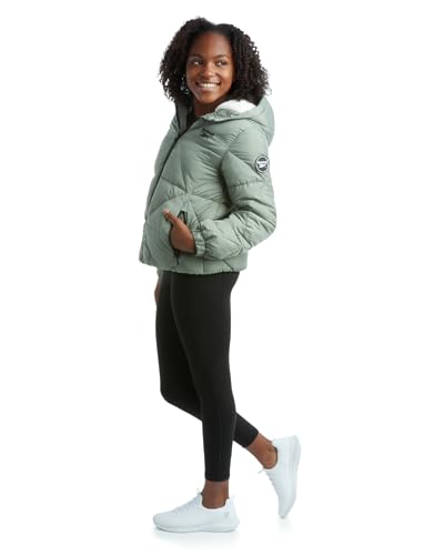 Image of Reebok Girls Heavyweight Quilted Cropped Puffer Parka with Sherpa Lining | Plush Faux-Fur Trim, Wind-Blocking Hood, Deep Pockets for Warm Hands, Modern Silhouette for School and Cold Days