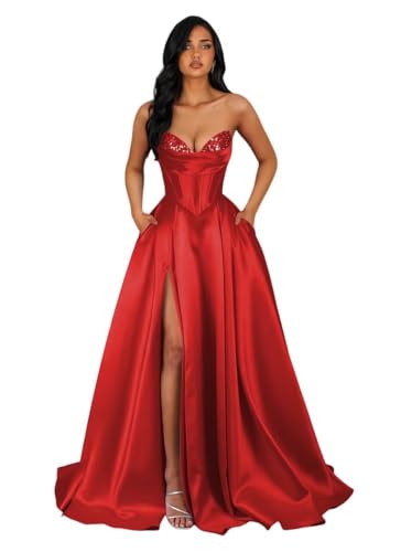 AKMESXAY Sparkly Strapless Sequin Prom Dresses for Teens with Slit Maxi Satin Corset Ball Gown Sweetheart A Line Formal Party Dresses Red