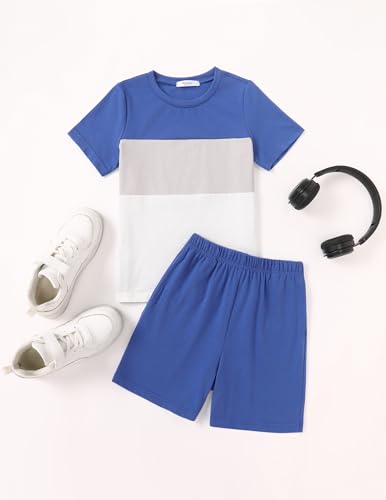 Image of Arshiner Boys' 2-Piece Cotton Outfit Color Block T-Shirt and Shorts Set Summer Camo Clothes for Kids 5-14 Years